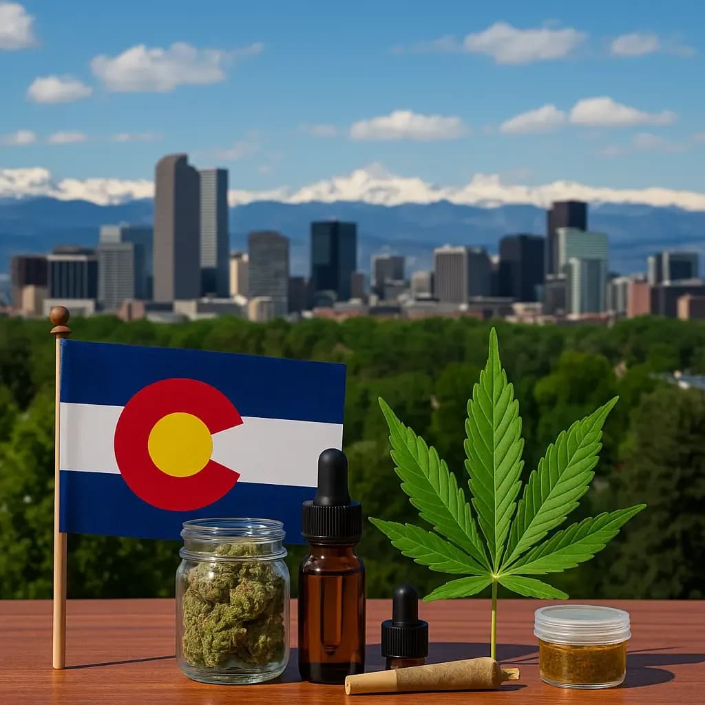 Colorado flag, cannabis leaf, and cannabis products displayed in the foreground with the Denver skyline and mountains in the background.