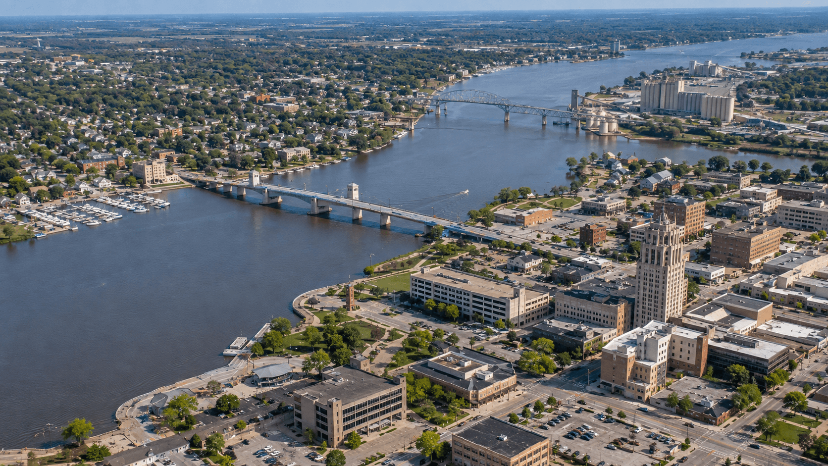Aerial view of Bay City, Michigan and the Saginaw River near dispensaries serving the 48708 and 48706 areas.